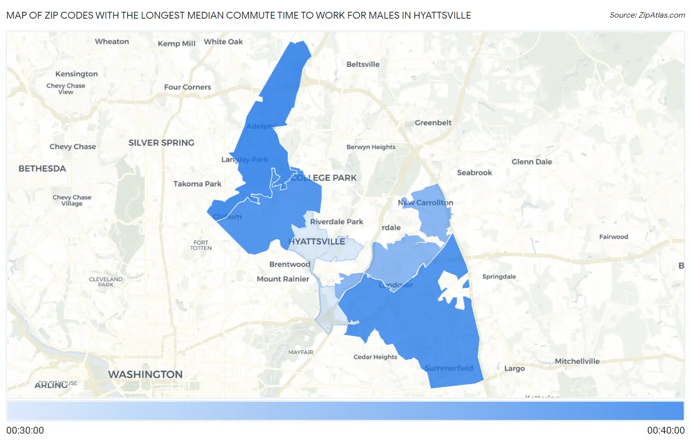 Zip Codes with the Longest Median Commute Time to Work for Males in Hyattsville Map