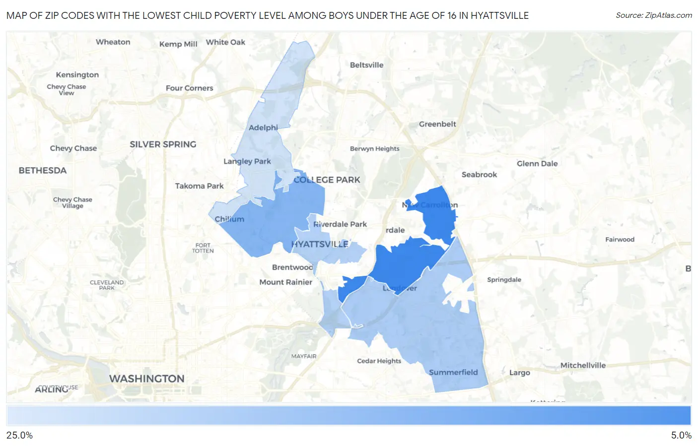 Zip Codes with the Lowest Child Poverty Level Among Boys Under the Age of 16 in Hyattsville Map
