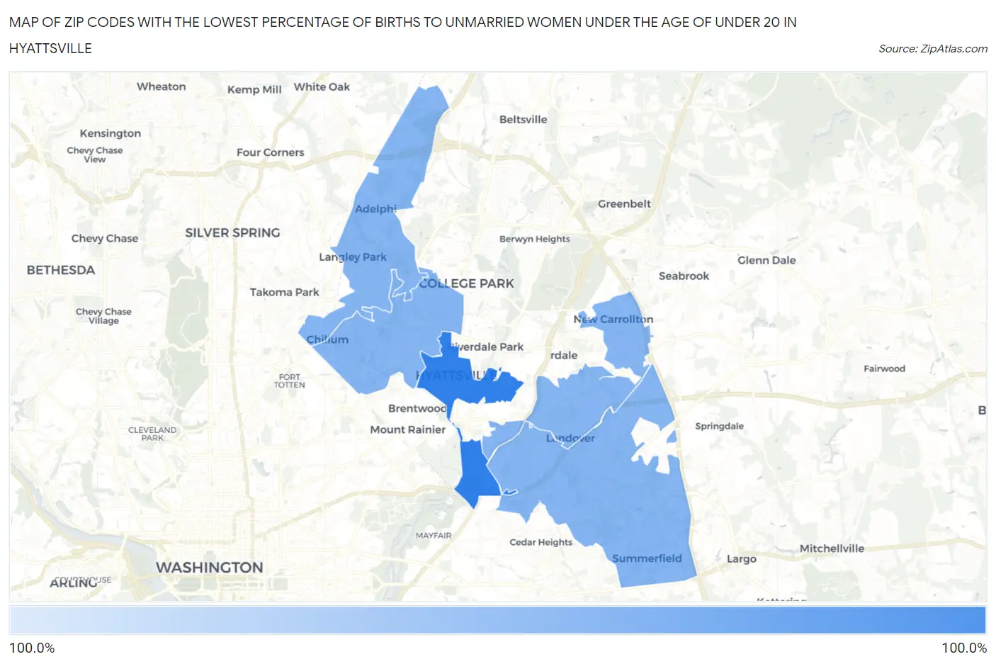 Zip Codes with the Lowest Percentage of Births to Unmarried Women under the Age of under 20 in Hyattsville Map