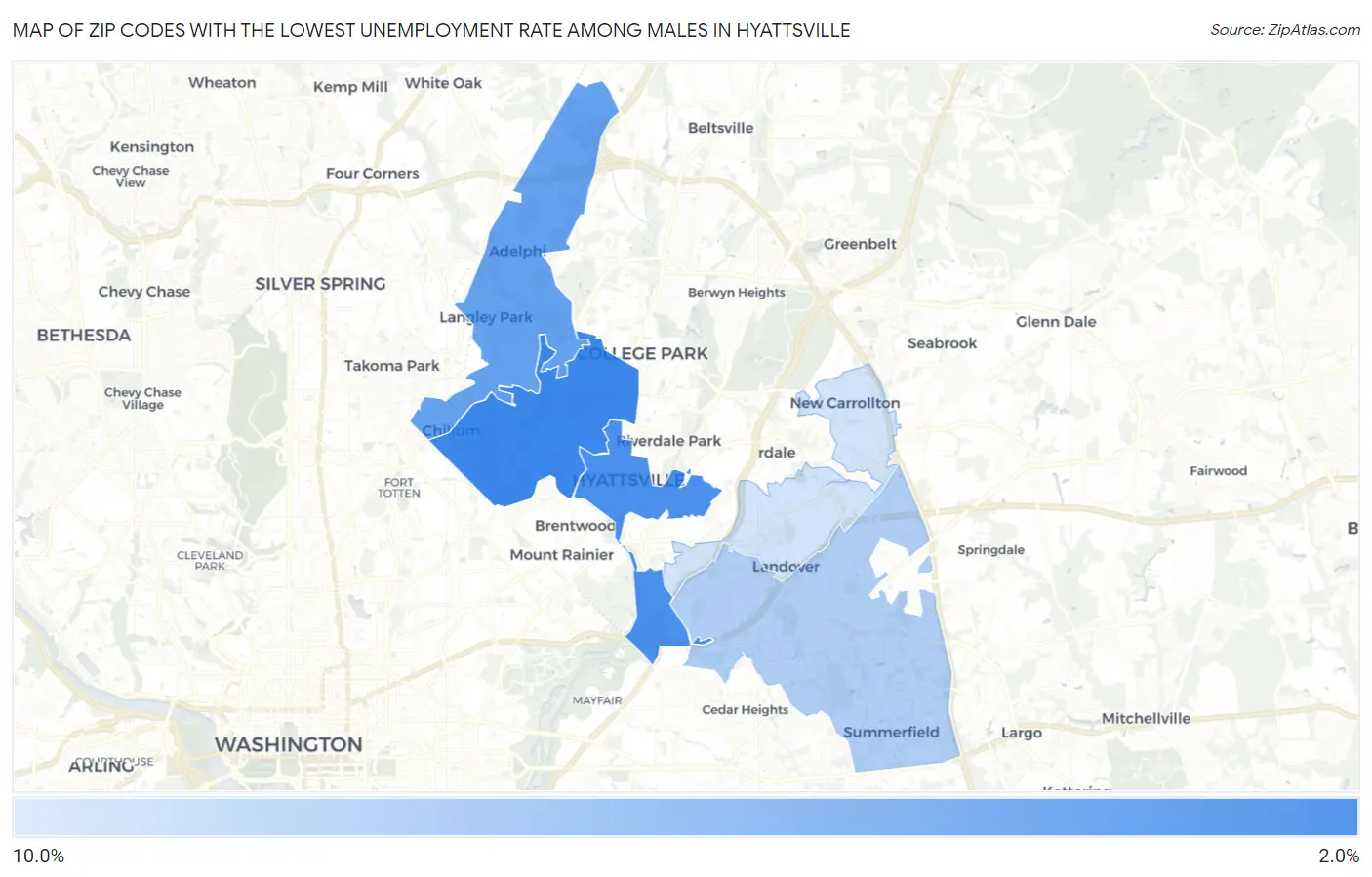 Zip Codes with the Lowest Unemployment Rate Among Males in Hyattsville Map