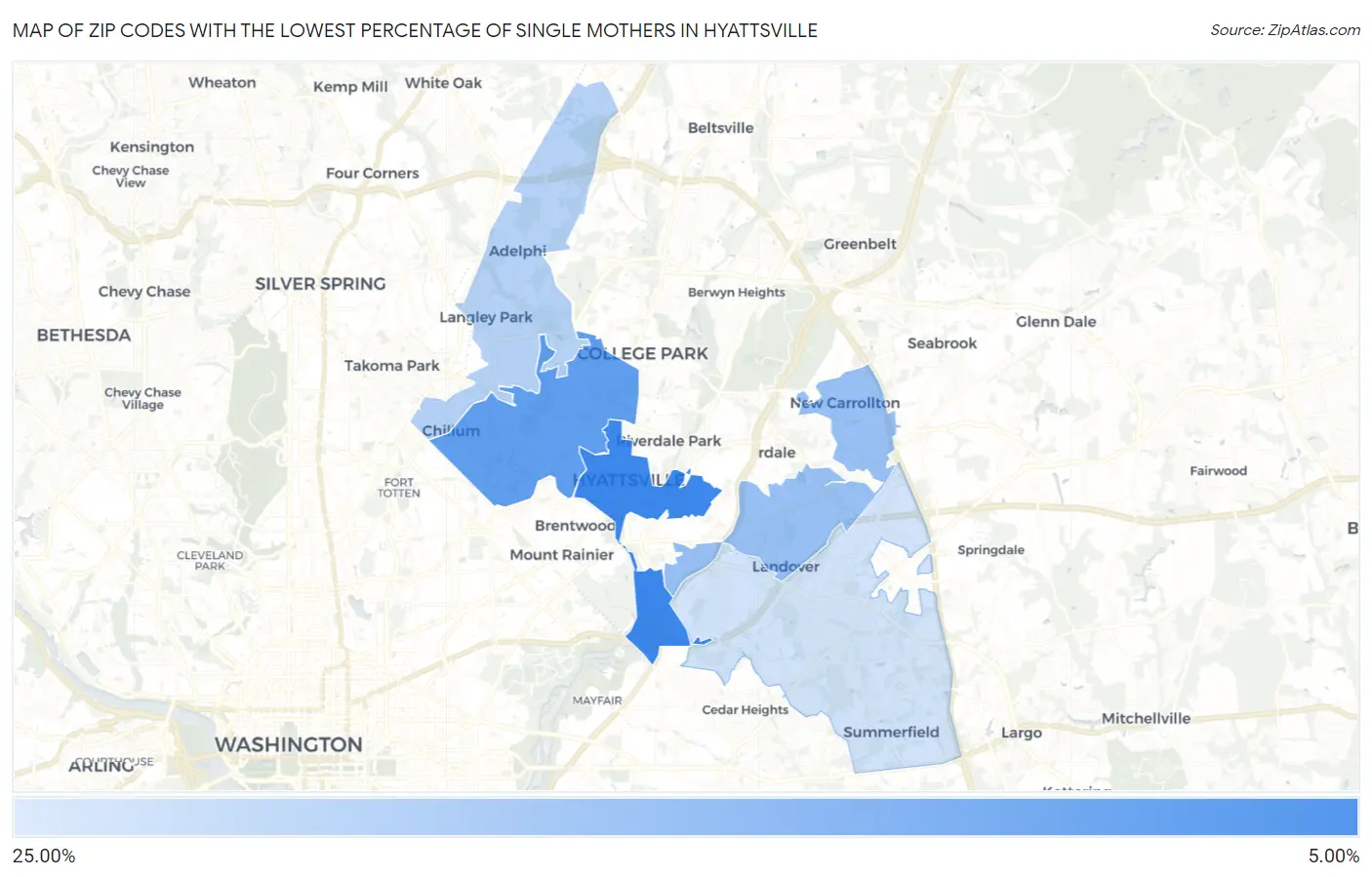 Zip Codes with the Lowest Percentage of Single Mothers in Hyattsville Map