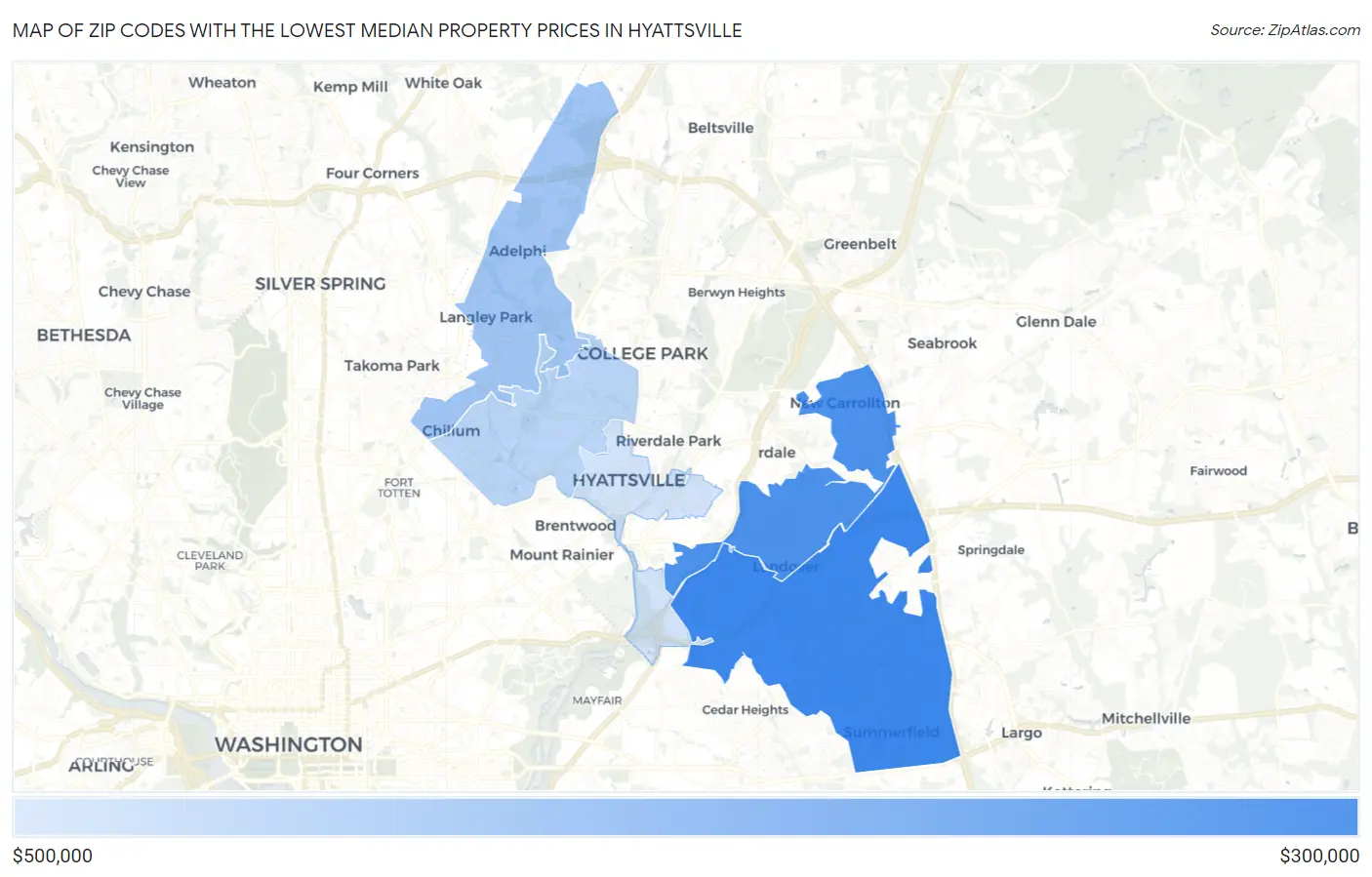 Zip Codes with the Lowest Median Property Prices in Hyattsville Map