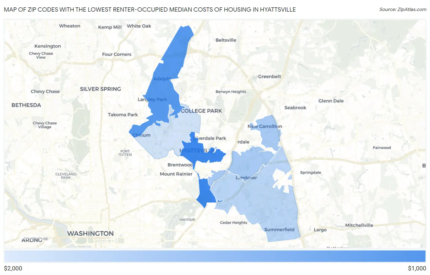 Zip Codes with the Lowest Renter-Occupied Median Costs of Housing in Hyattsville Map