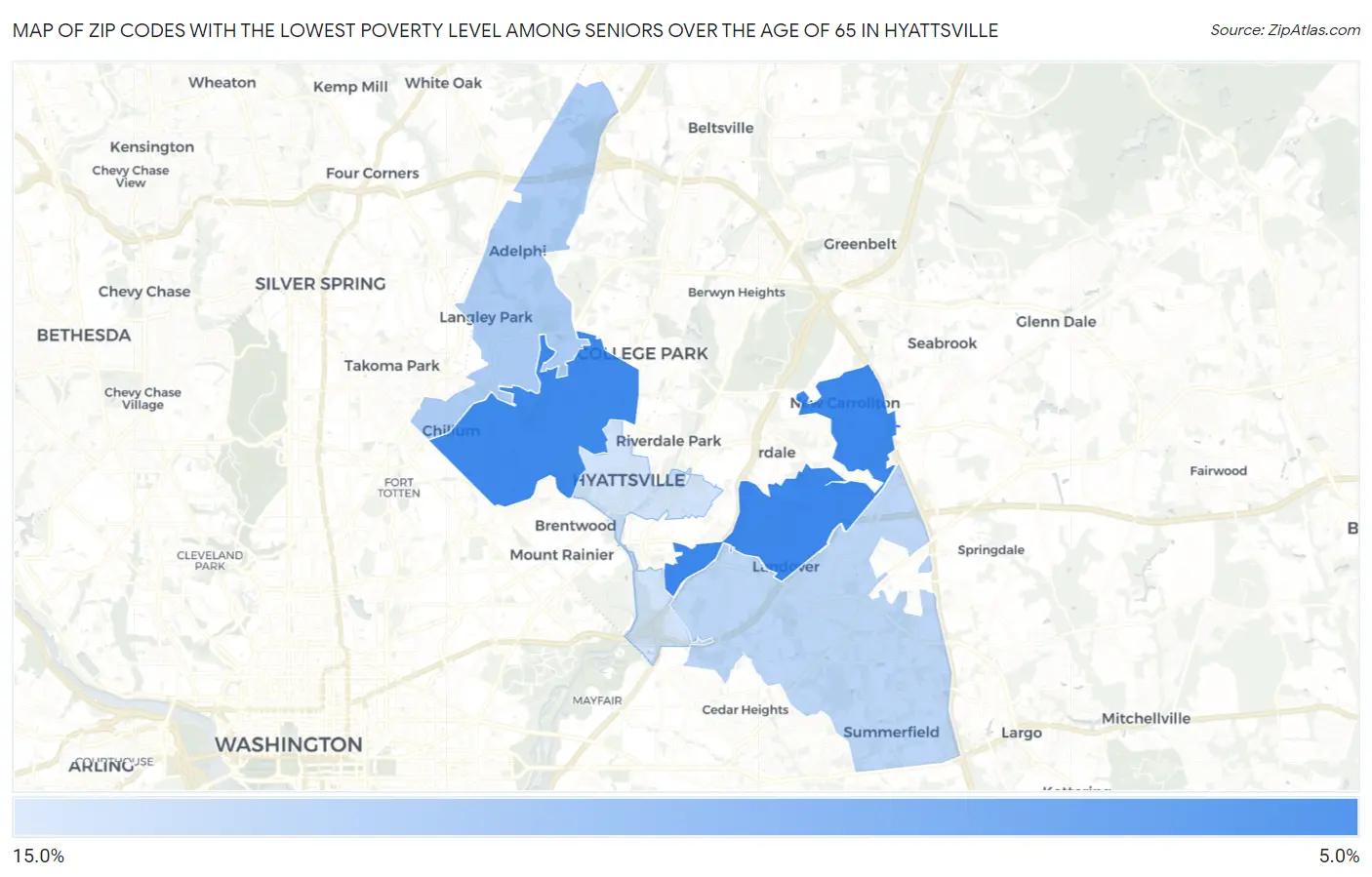 Zip Codes with the Lowest Poverty Level Among Seniors Over the Age of 65 in Hyattsville Map