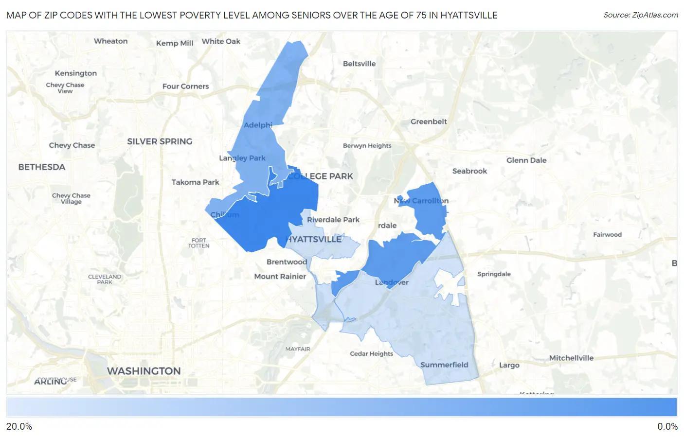 Zip Codes with the Lowest Poverty Level Among Seniors Over the Age of 75 in Hyattsville Map