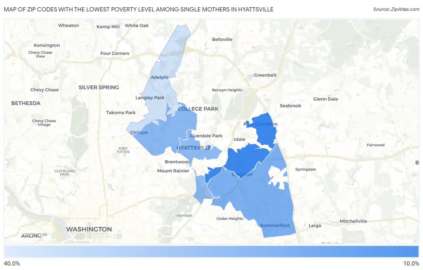 Zip Codes with the Lowest Poverty Level Among Single Mothers in Hyattsville Map