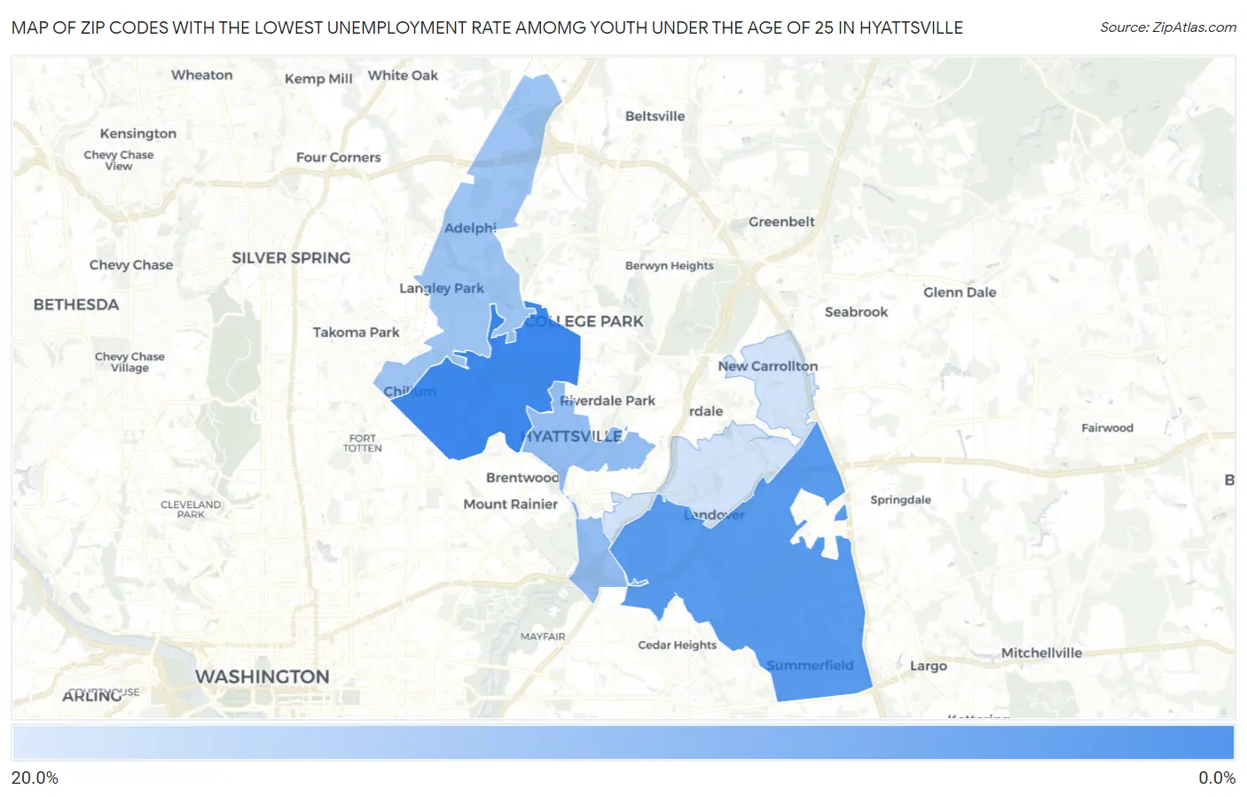 Zip Codes with the Lowest Unemployment Rate Amomg Youth Under the Age of 25 in Hyattsville Map