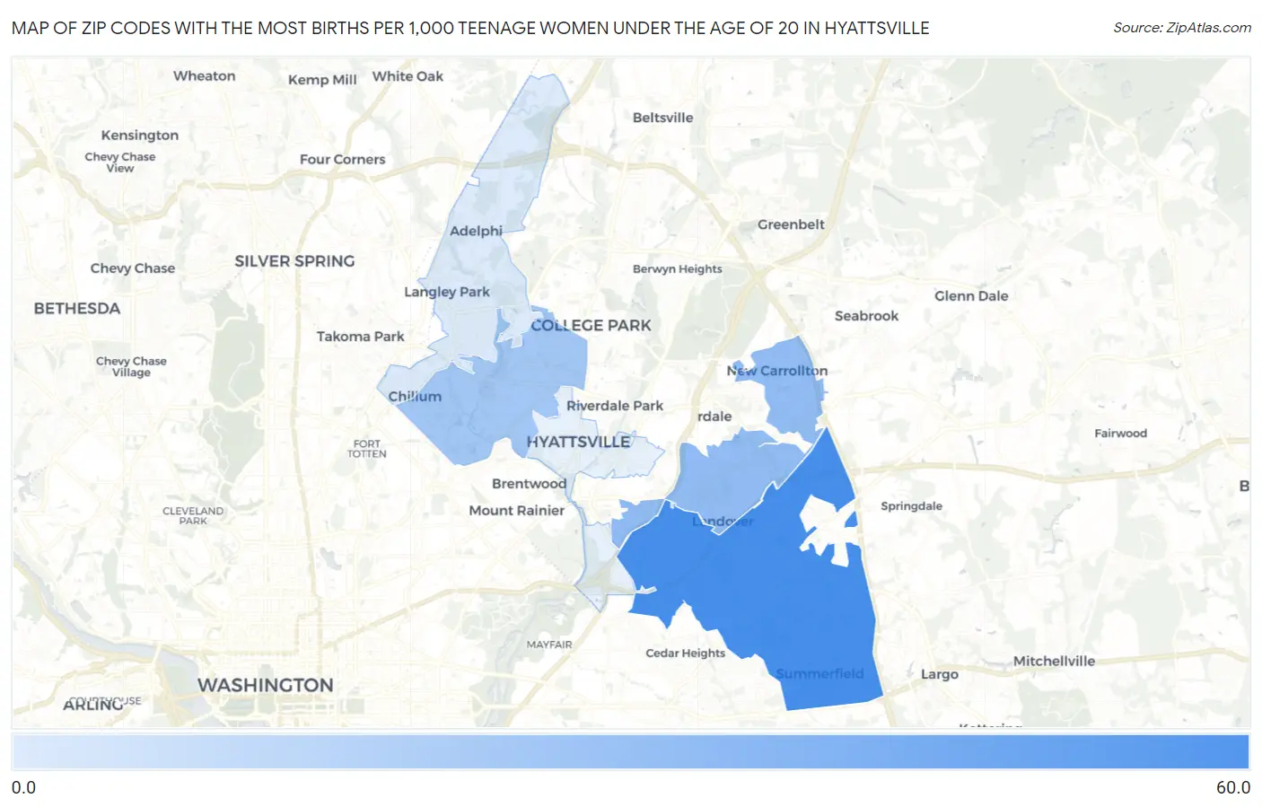Zip Codes with the Most Births per 1,000 Teenage Women Under the Age of 20 in Hyattsville Map