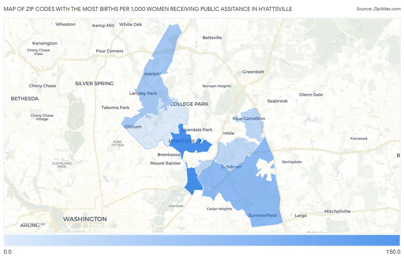 Zip Codes with the Most Births per 1,000 Women Receiving Public Assitance in Hyattsville Map