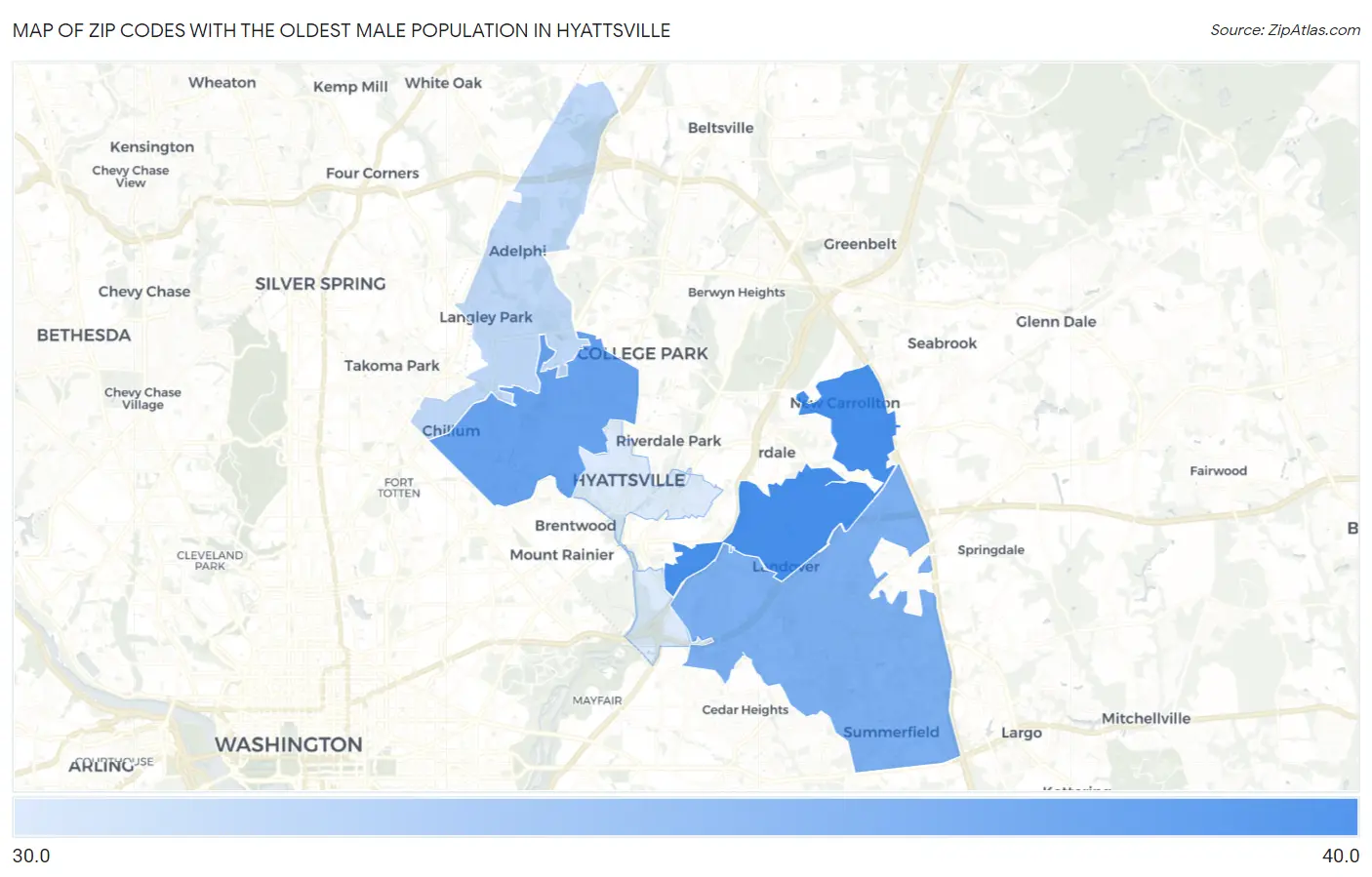 Zip Codes with the Oldest Male Population in Hyattsville Map