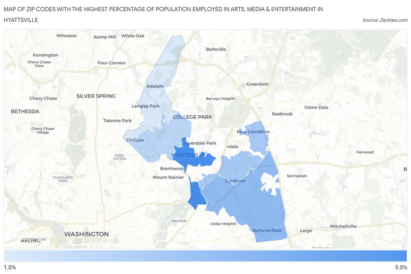 Zip Codes with the Highest Percentage of Population Employed in Arts, Media & Entertainment in Hyattsville Map