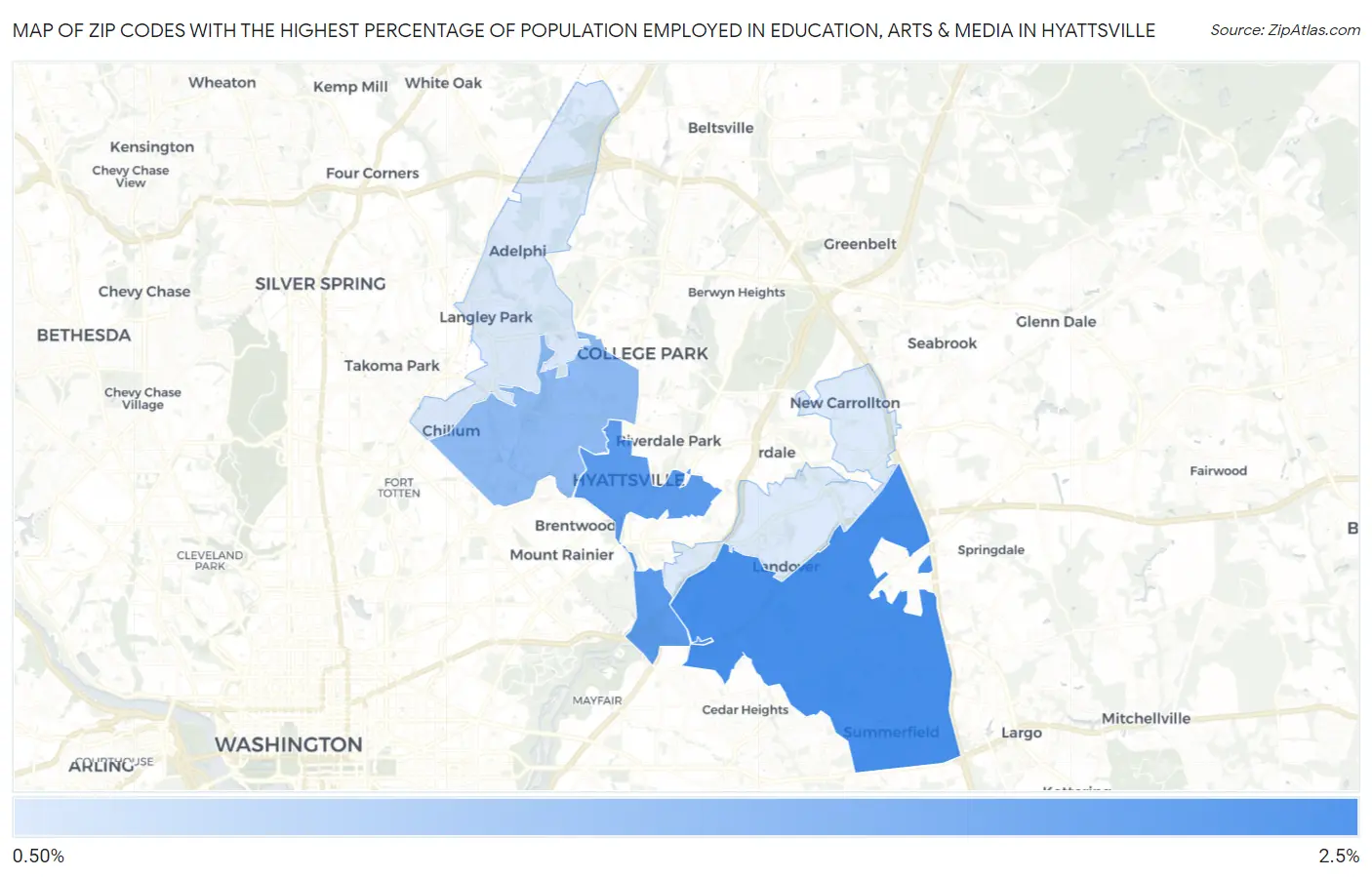 Zip Codes with the Highest Percentage of Population Employed in Education, Arts & Media in Hyattsville Map