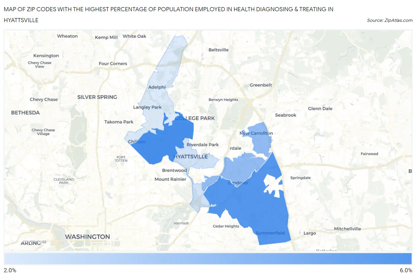 Zip Codes with the Highest Percentage of Population Employed in Health Diagnosing & Treating in Hyattsville Map