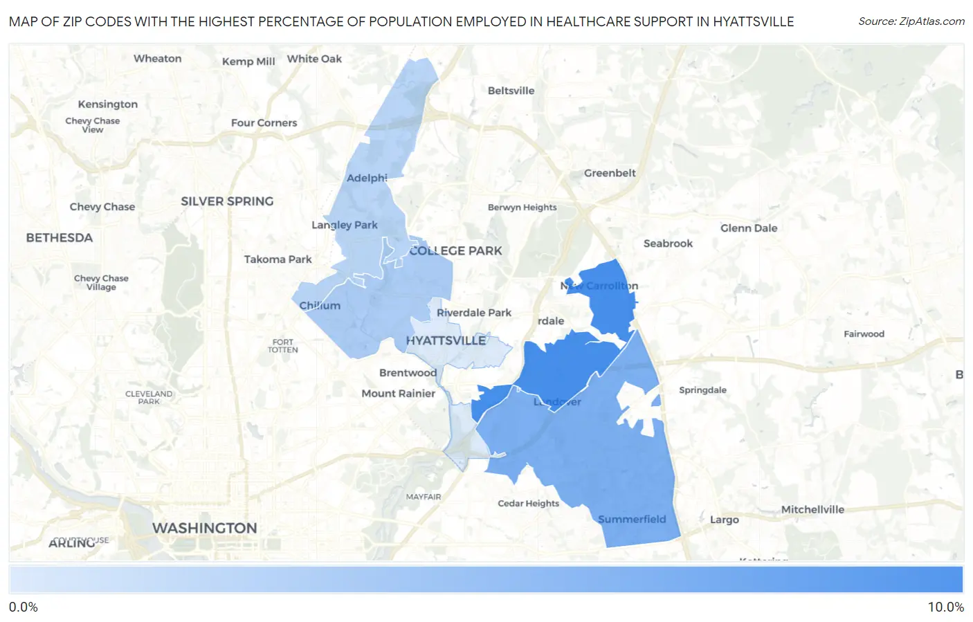 Zip Codes with the Highest Percentage of Population Employed in Healthcare Support in Hyattsville Map