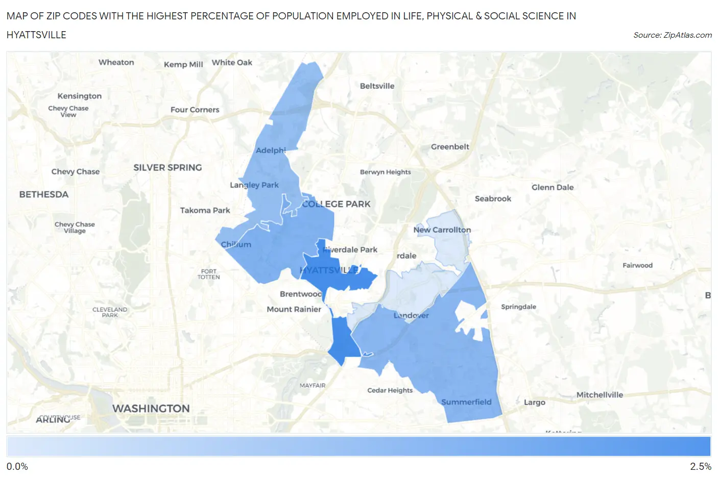 Zip Codes with the Highest Percentage of Population Employed in Life, Physical & Social Science in Hyattsville Map