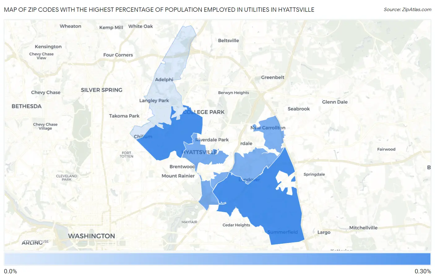 Zip Codes with the Highest Percentage of Population Employed in Utilities in Hyattsville Map