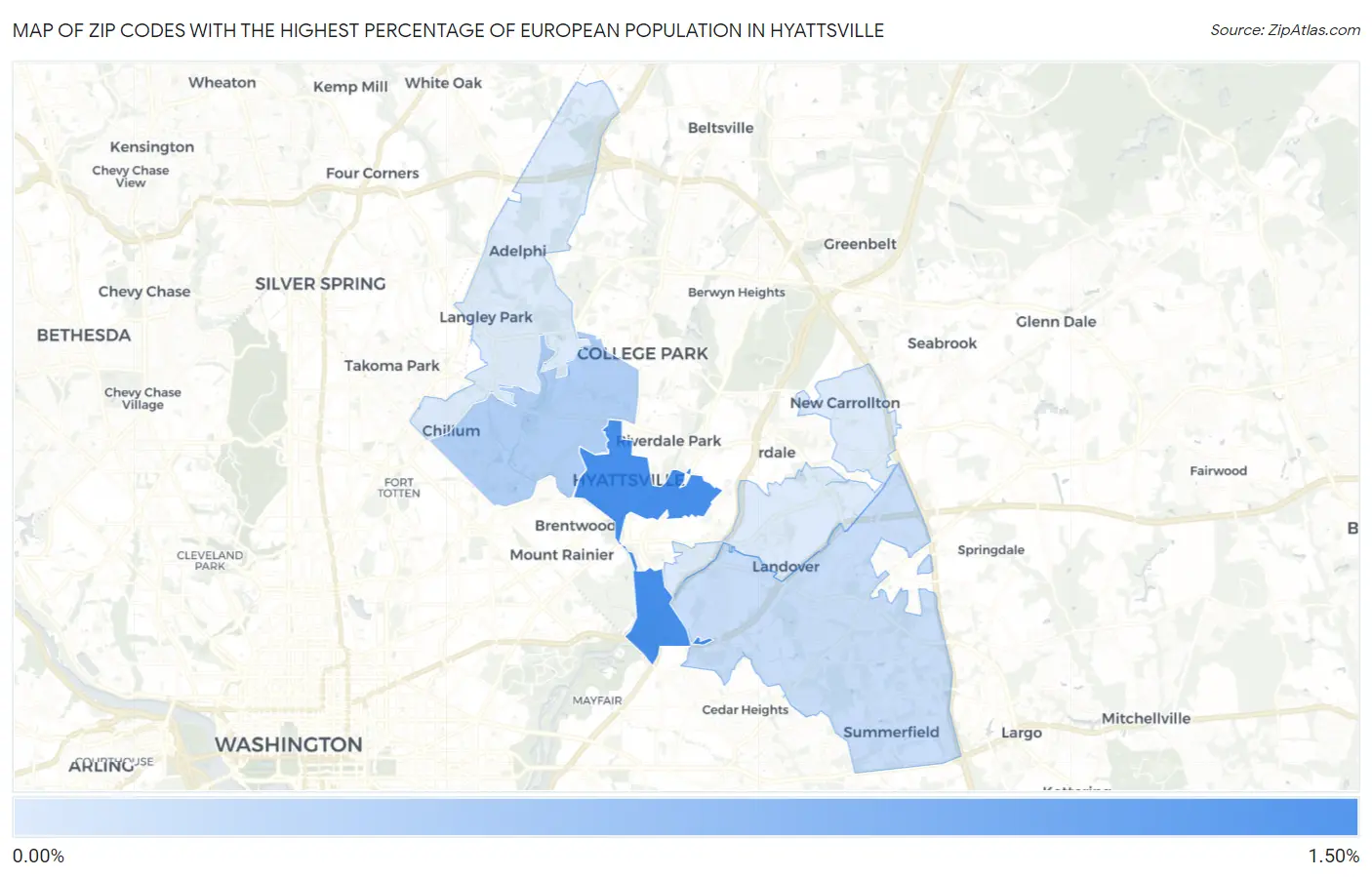 Zip Codes with the Highest Percentage of European Population in Hyattsville Map