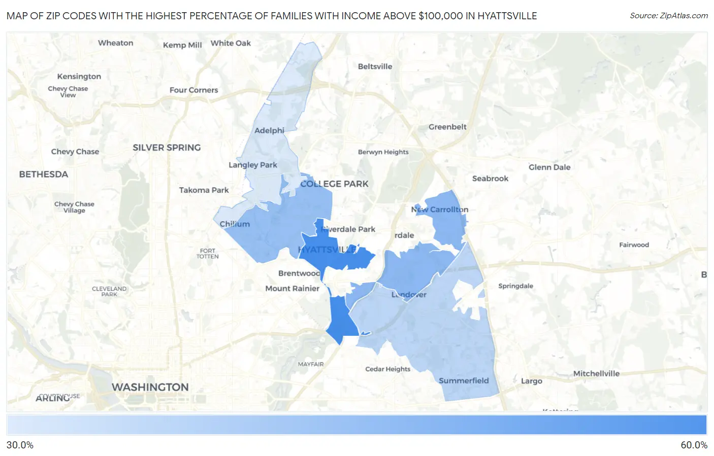 Zip Codes with the Highest Percentage of Families with Income Above $100,000 in Hyattsville Map
