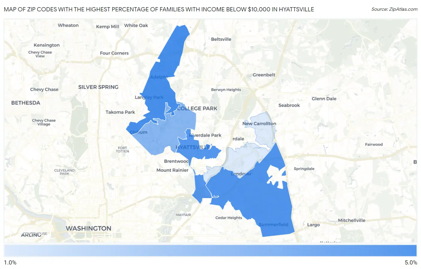 Zip Codes with the Highest Percentage of Families with Income Below $10,000 in Hyattsville Map