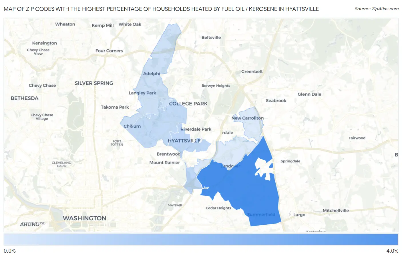 Zip Codes with the Highest Percentage of Households Heated by Fuel Oil / Kerosene in Hyattsville Map