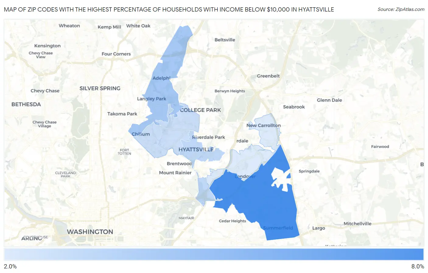 Zip Codes with the Highest Percentage of Households with Income Below $10,000 in Hyattsville Map