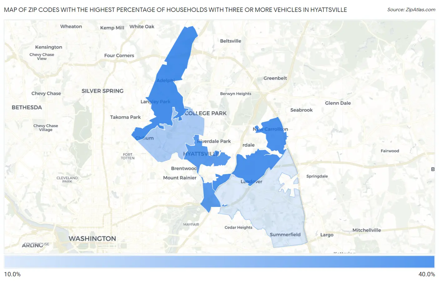 Zip Codes with the Highest Percentage of Households With Three or more Vehicles in Hyattsville Map