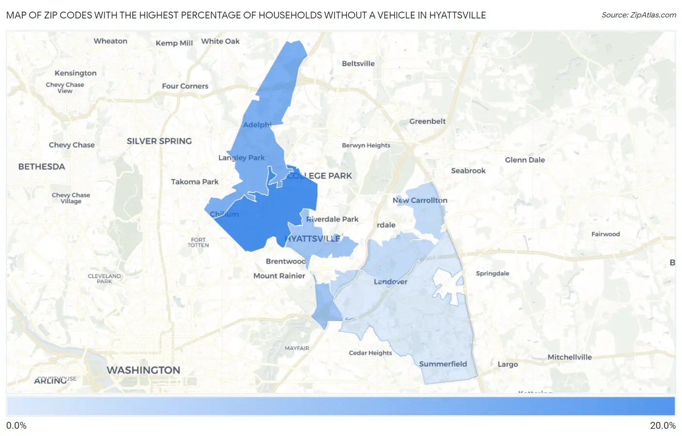 Zip Codes with the Highest Percentage of Households Without a Vehicle in Hyattsville Map