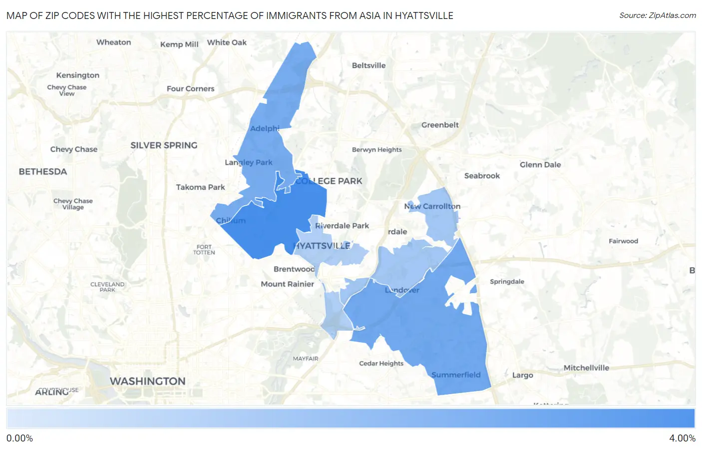 Zip Codes with the Highest Percentage of Immigrants from Asia in Hyattsville Map