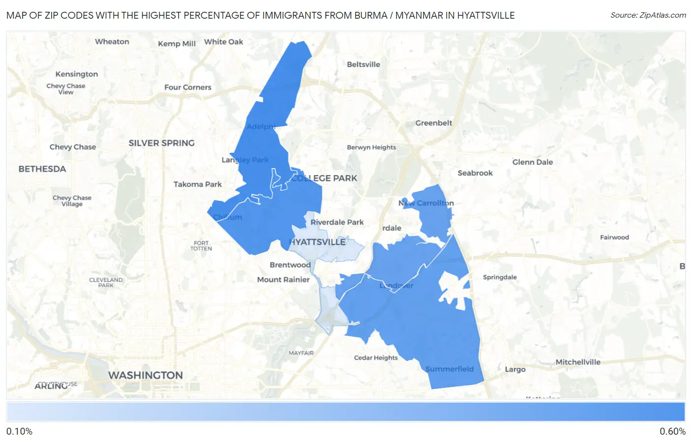 Zip Codes with the Highest Percentage of Immigrants from Burma / Myanmar in Hyattsville Map
