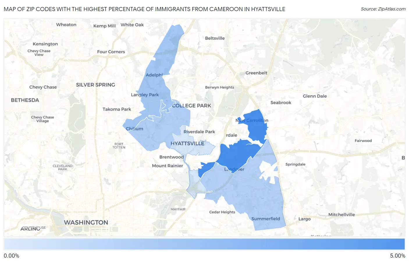 Zip Codes with the Highest Percentage of Immigrants from Cameroon in Hyattsville Map