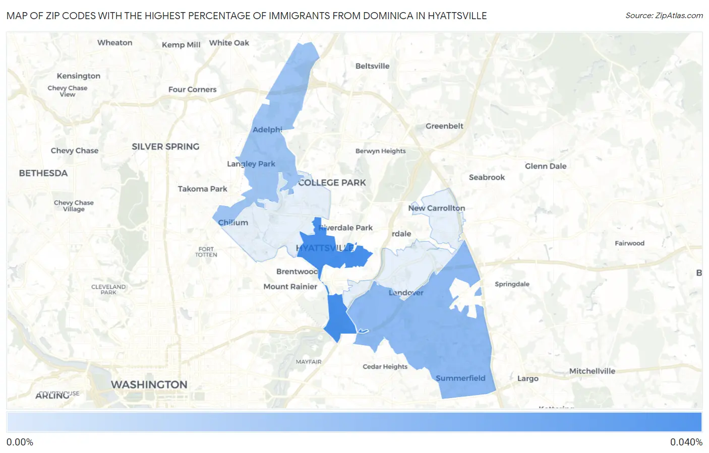 Zip Codes with the Highest Percentage of Immigrants from Dominica in Hyattsville Map