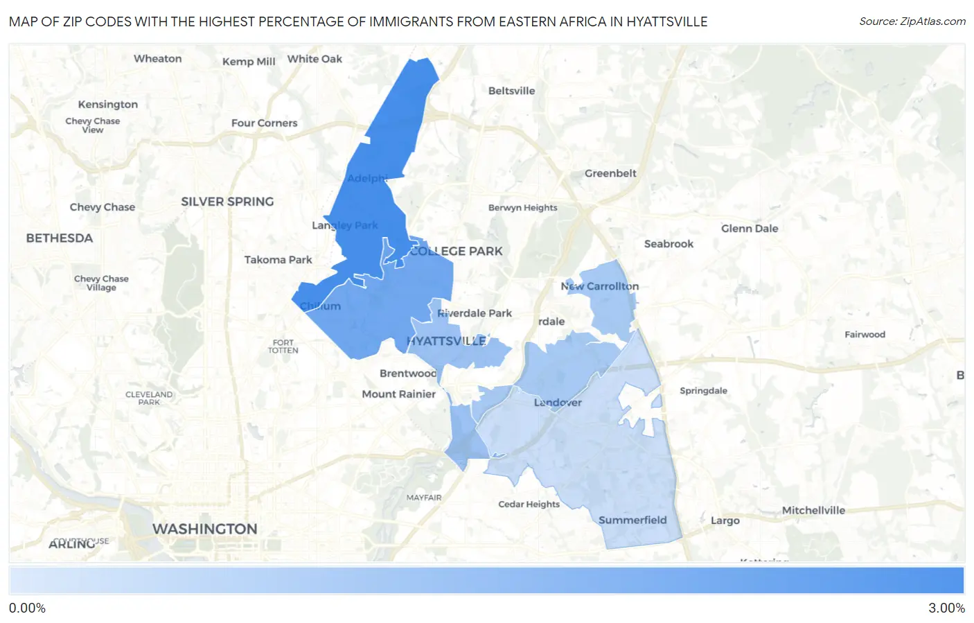 Zip Codes with the Highest Percentage of Immigrants from Eastern Africa in Hyattsville Map