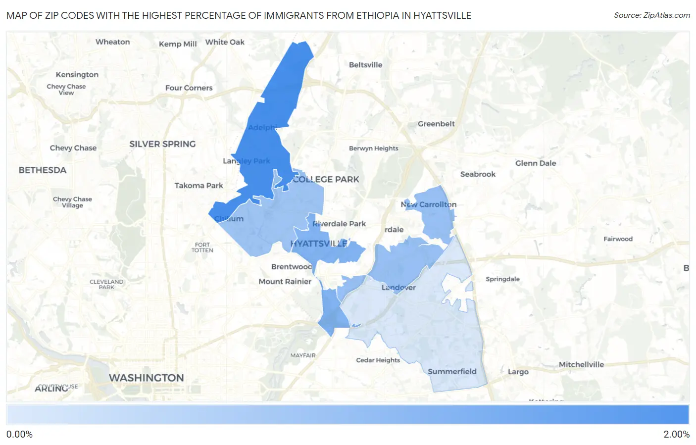 Zip Codes with the Highest Percentage of Immigrants from Ethiopia in Hyattsville Map