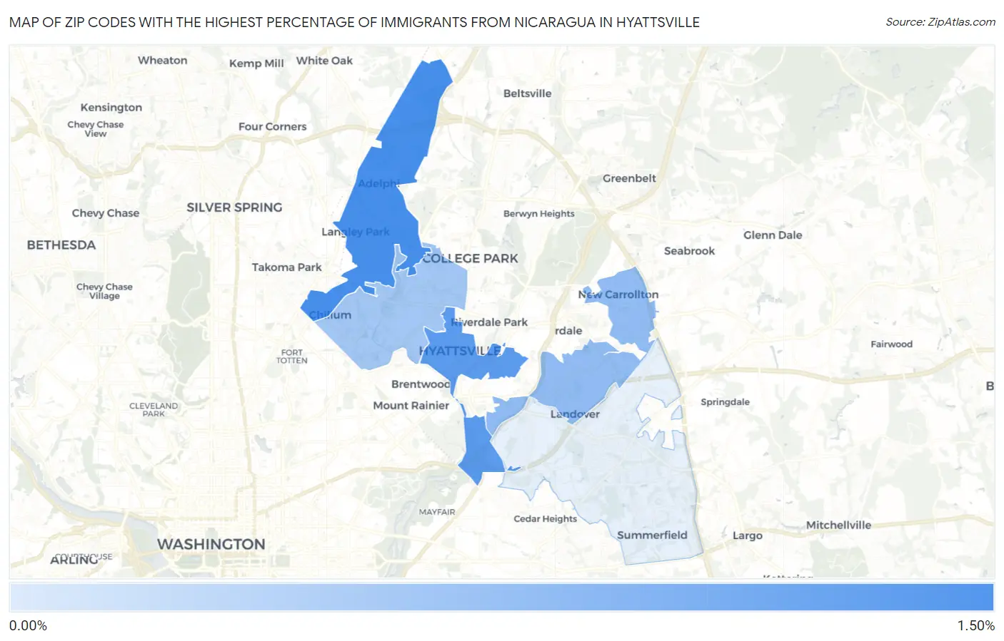 Zip Codes with the Highest Percentage of Immigrants from Nicaragua in Hyattsville Map