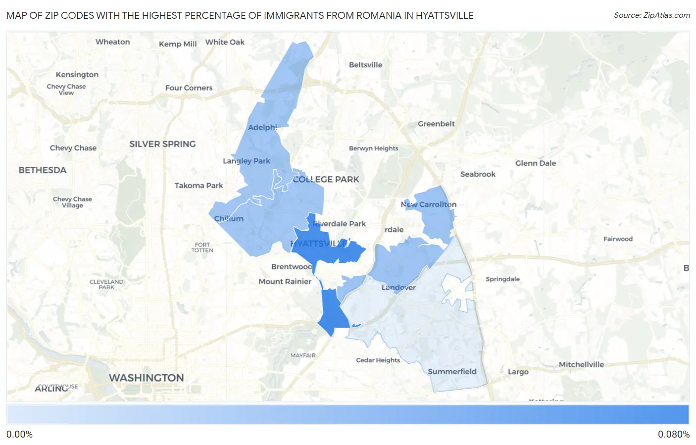 Zip Codes with the Highest Percentage of Immigrants from Romania in Hyattsville Map