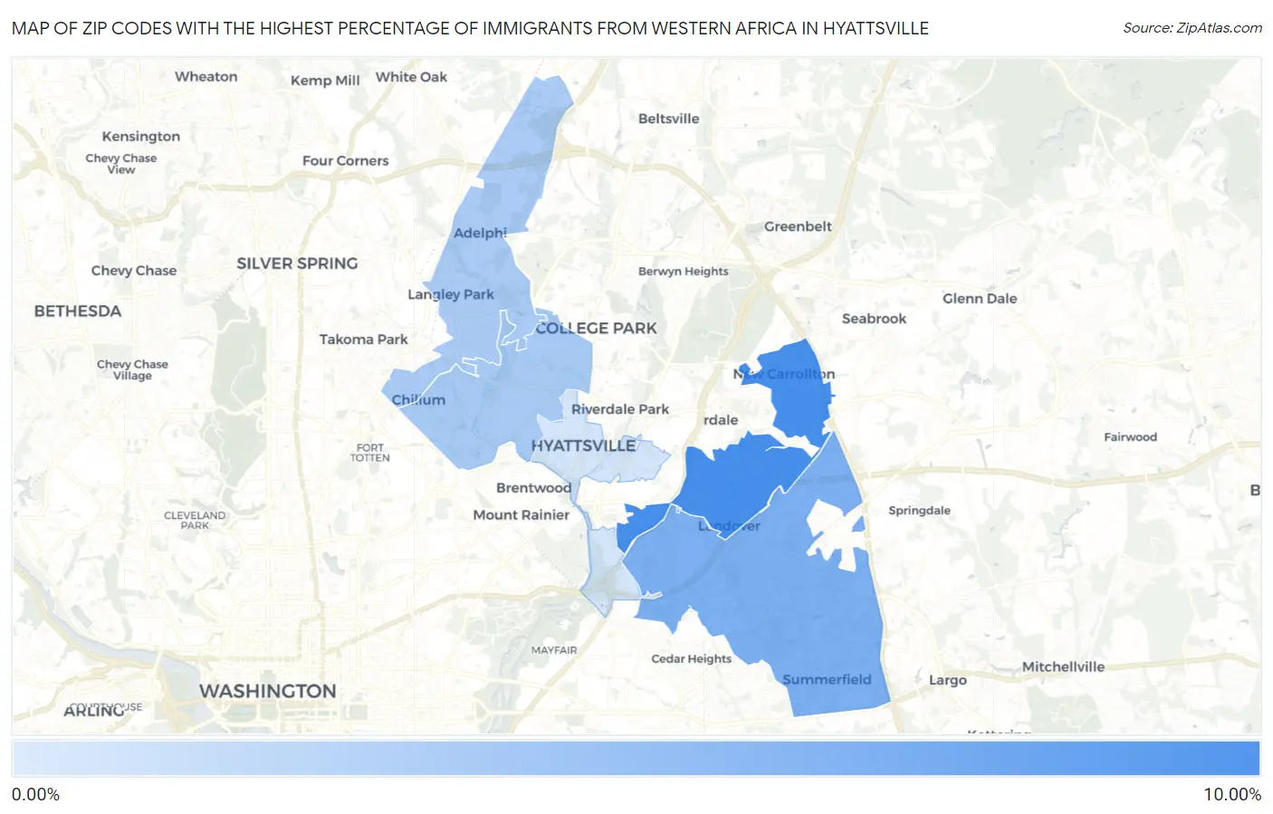 Zip Codes with the Highest Percentage of Immigrants from Western Africa in Hyattsville Map
