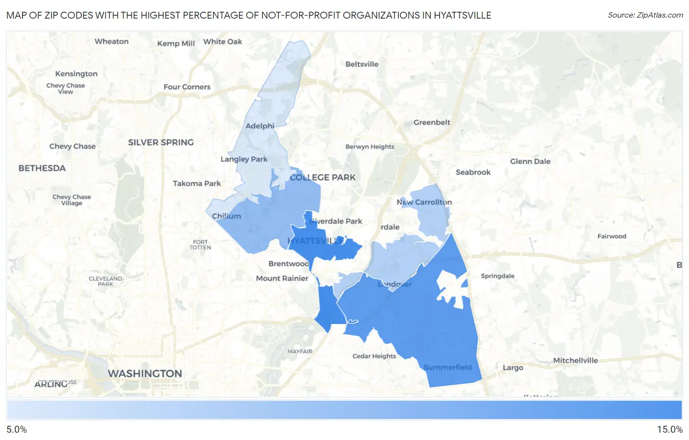 Zip Codes with the Highest Percentage of Not-for-profit Organizations in Hyattsville Map
