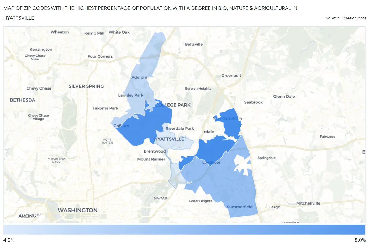 Zip Codes with the Highest Percentage of Population with a Degree in Bio, Nature & Agricultural in Hyattsville Map