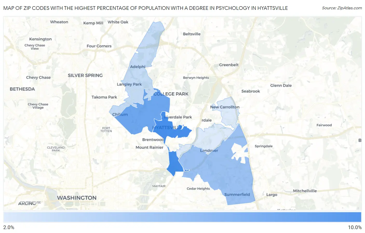 Zip Codes with the Highest Percentage of Population with a Degree in Psychology in Hyattsville Map