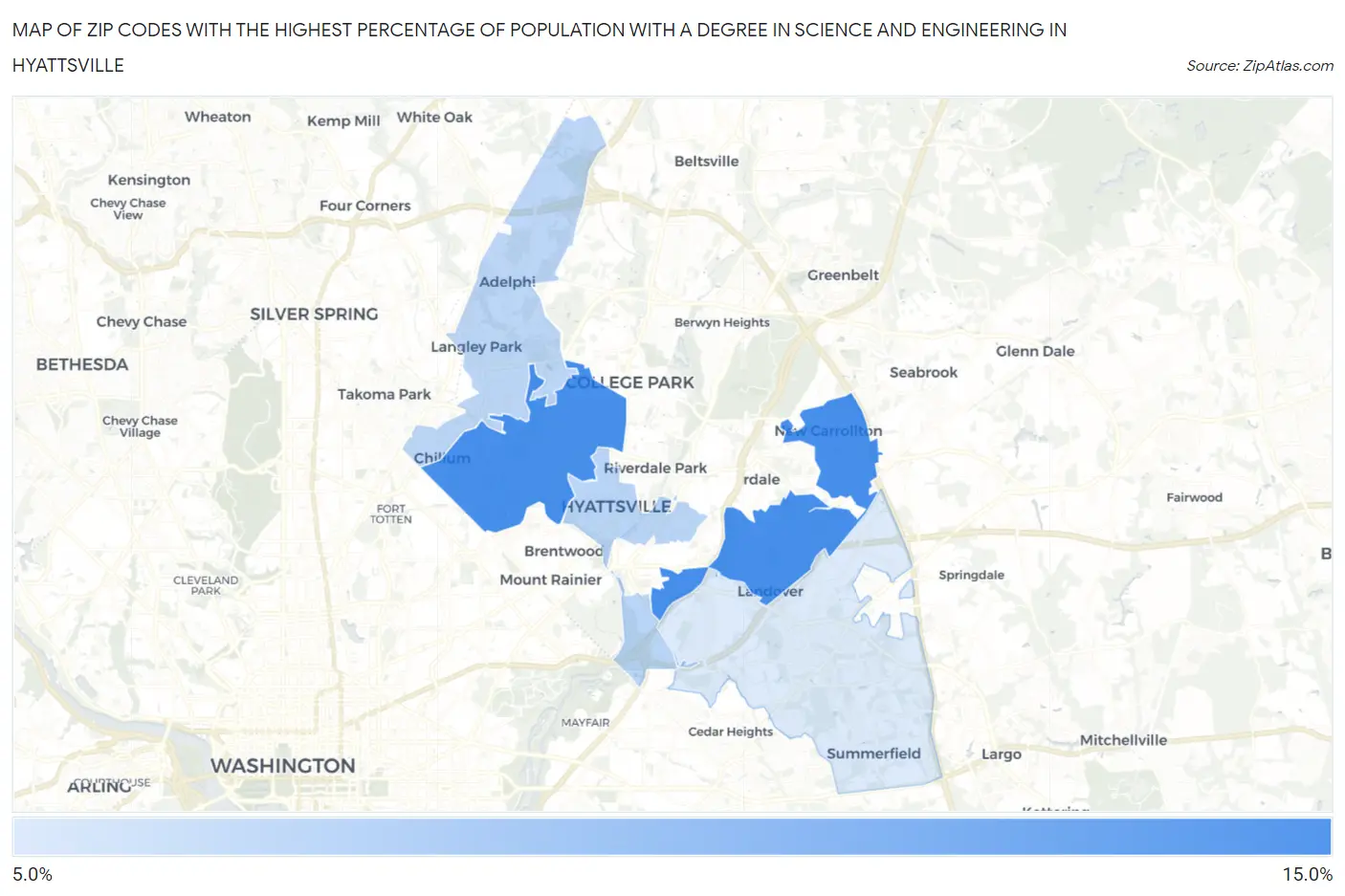 Zip Codes with the Highest Percentage of Population with a Degree in Science and Engineering in Hyattsville Map