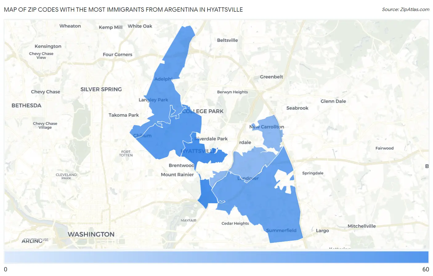 Zip Codes with the Most Immigrants from Argentina in Hyattsville Map