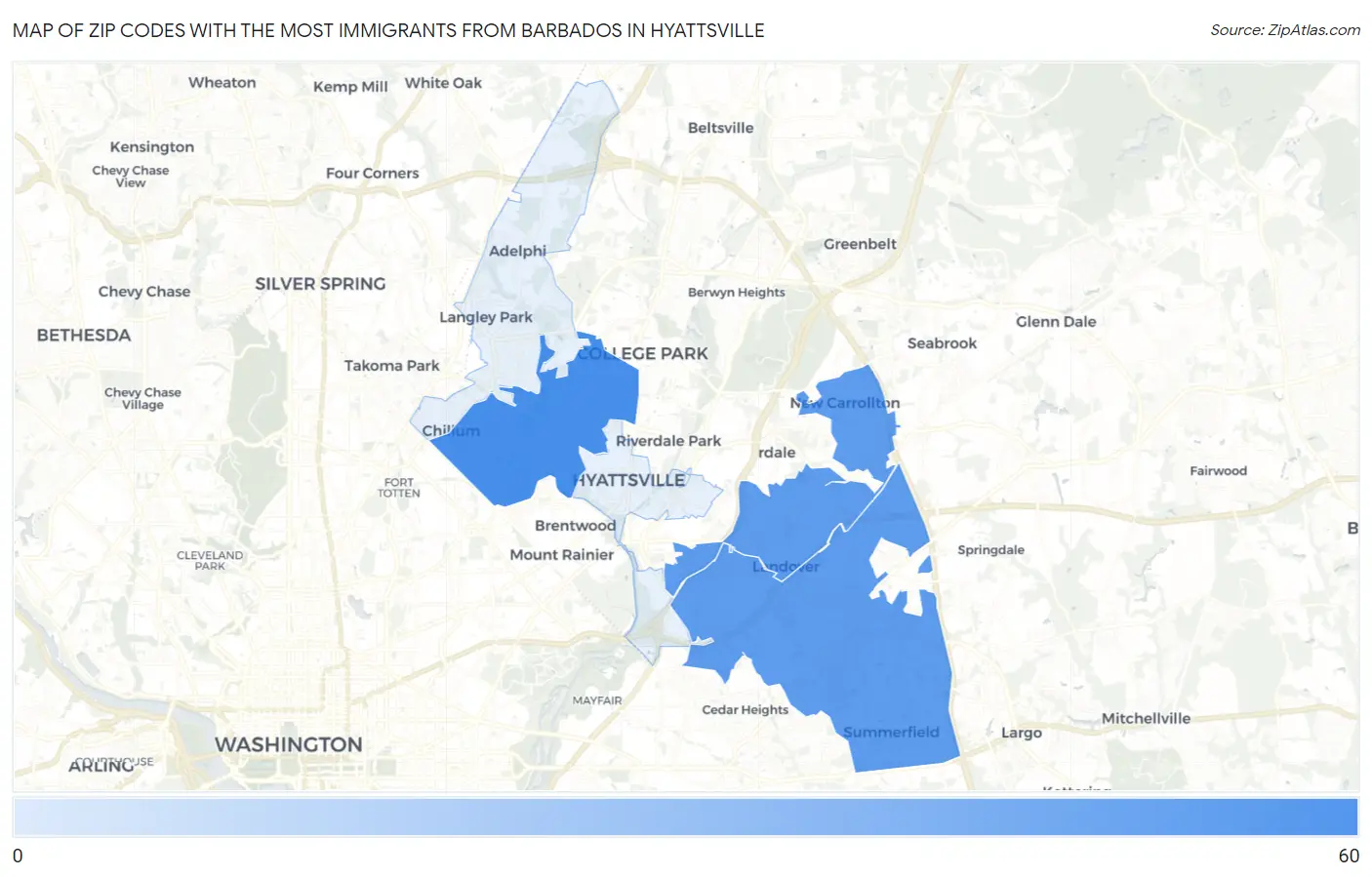 Zip Codes with the Most Immigrants from Barbados in Hyattsville Map