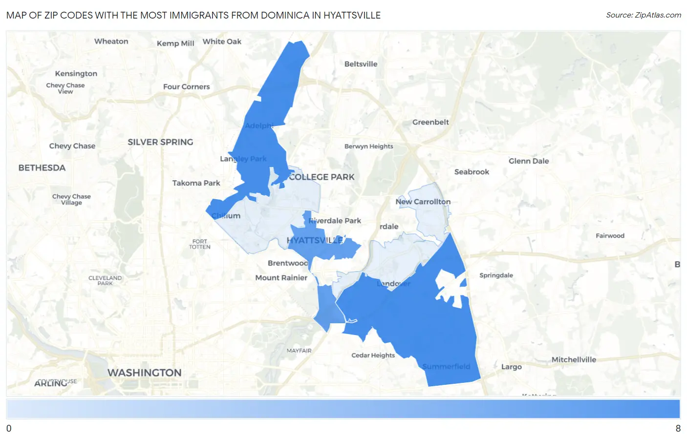 Zip Codes with the Most Immigrants from Dominica in Hyattsville Map