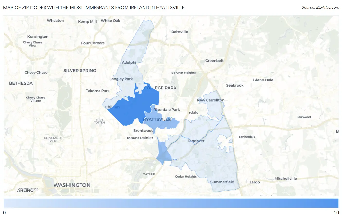 Zip Codes with the Most Immigrants from Ireland in Hyattsville Map