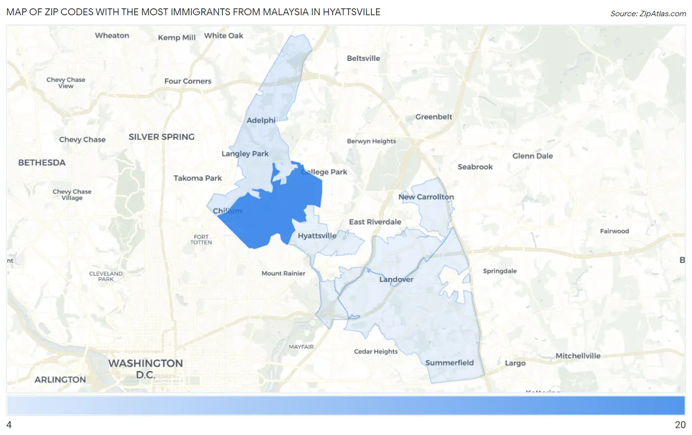 Zip Codes with the Most Immigrants from Malaysia in Hyattsville Map