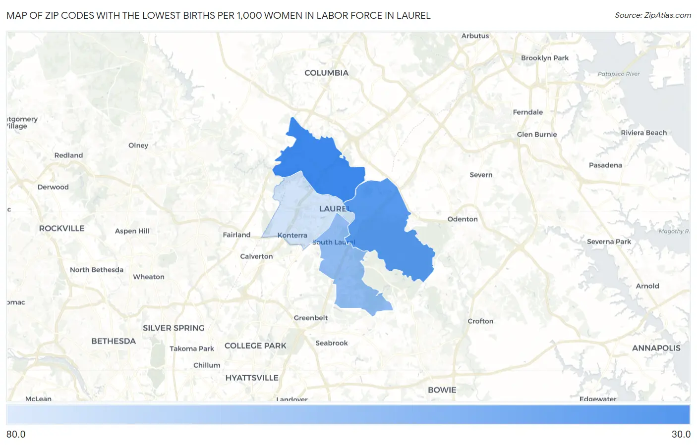 Zip Codes with the Lowest Births per 1,000 Women in Labor Force in Laurel Map