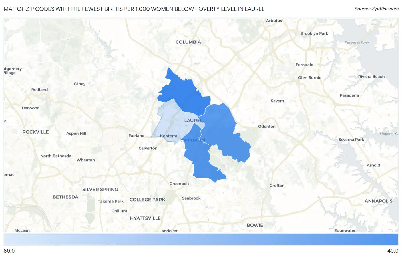 Zip Codes with the Fewest Births per 1,000 Women Below Poverty Level in Laurel Map