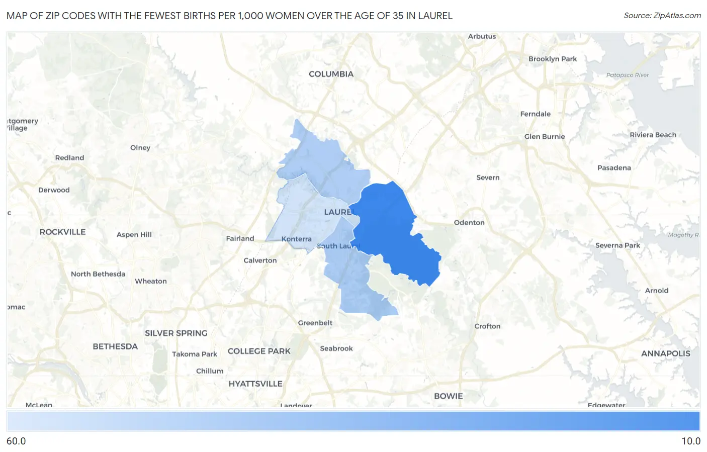 Zip Codes with the Fewest Births per 1,000 Women Over the Age of 35 in Laurel Map