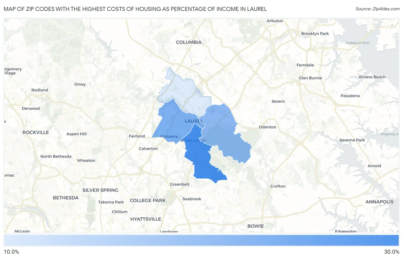 Zip Codes with the Highest Costs of Housing as Percentage of Income in Laurel Map