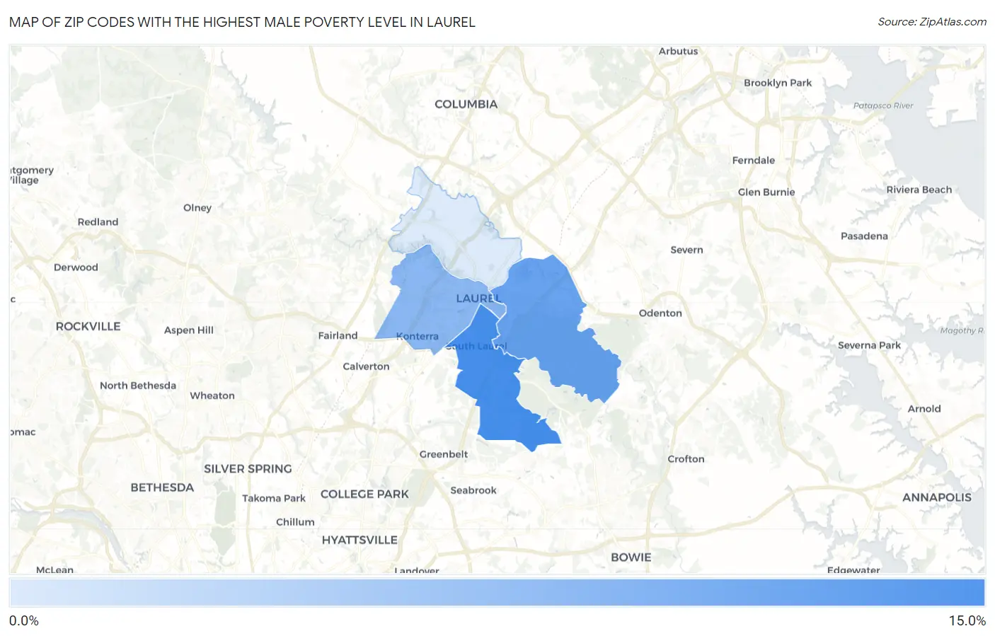 Zip Codes with the Highest Male Poverty Level in Laurel Map